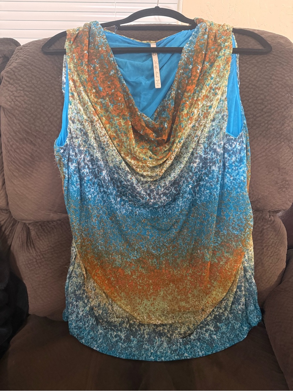 Leo & Nicole Blue and Orange Draped Cowl Neck Sleeveless Camisole